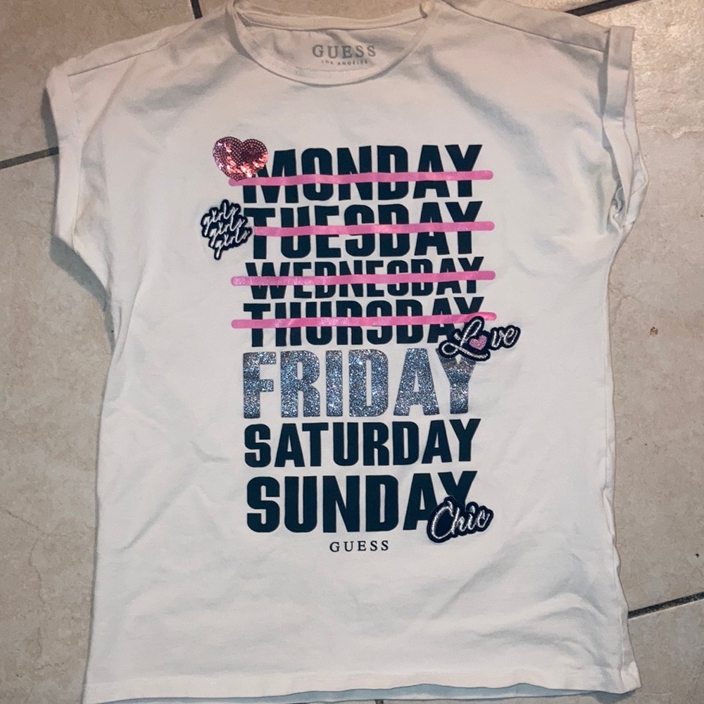 GUESS White Graphic Day-of-Week Tee with Pink & Navy Details